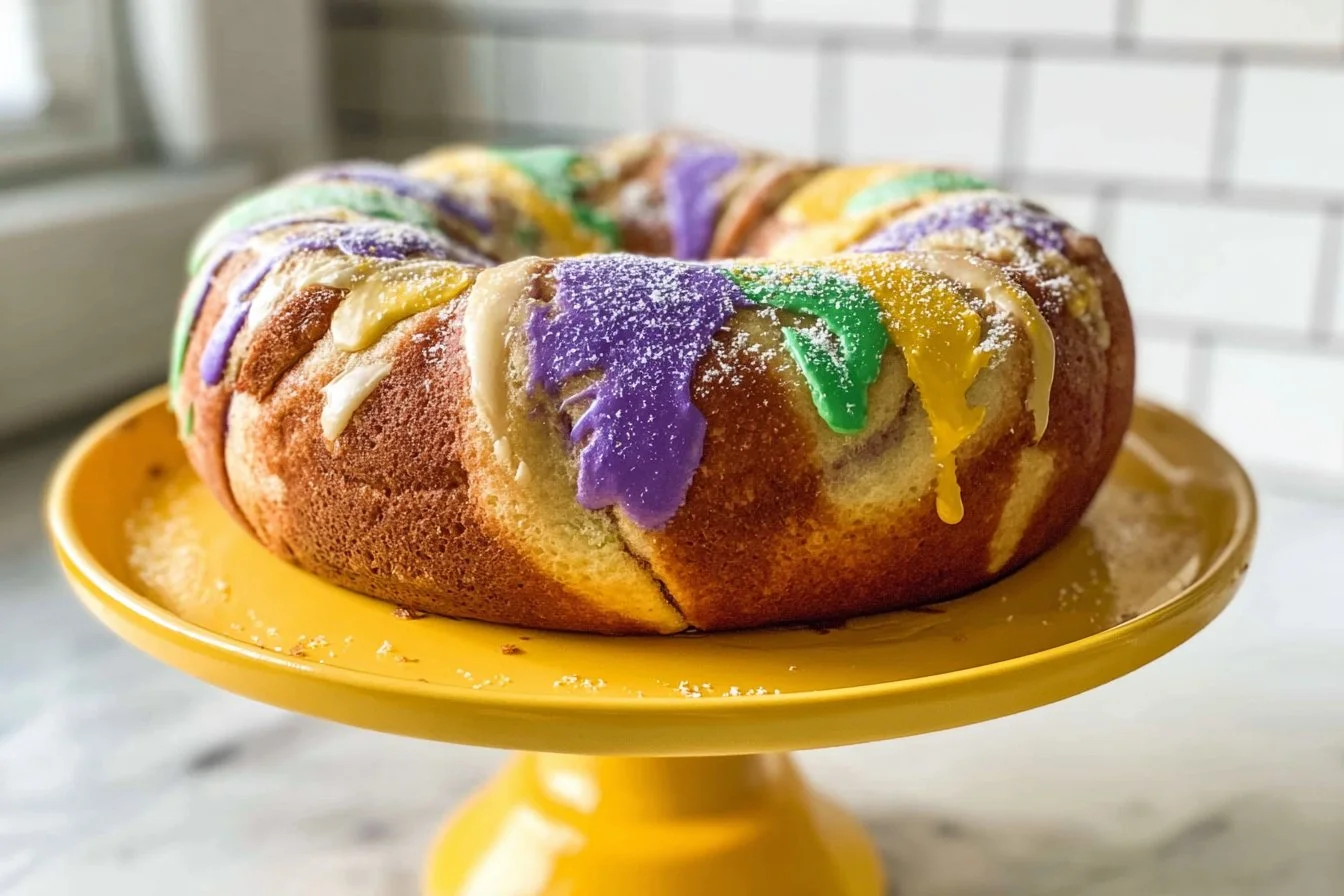 Delicious Mardi Gras King Cake with vibrant icing on a festive table