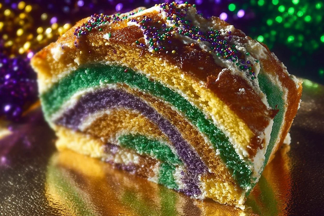 Colorful Mardi Gras King Cake topped with icing and sprinkles, symbolizing celebration.