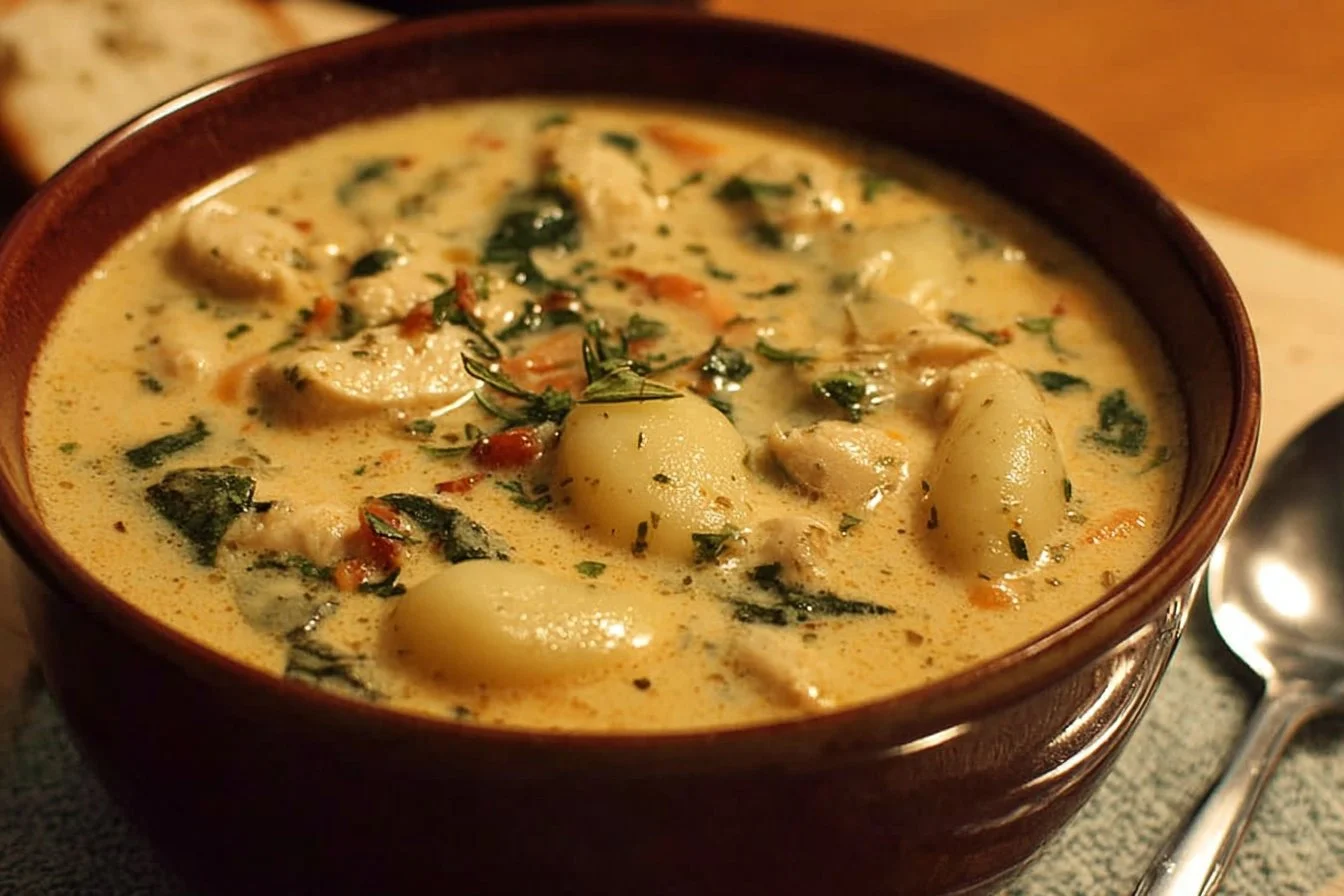 Bowl of Marry Me Chicken Gnocchi Soup garnished with herbs and served warm.