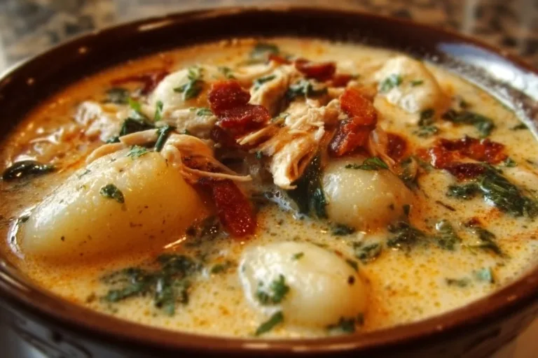 Bowl of Marry Me Chicken Gnocchi Soup garnished with herbs and spices