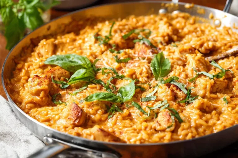 Delicious Marry Me Chicken Orzo served in a bowl, garnished with parsley.