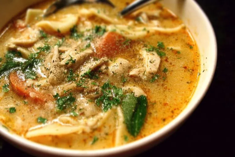 Bowl of Marry Me Chicken Soup with herbs and vegetables, perfect comfort food.