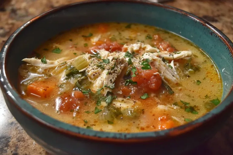 Bowl of low-carb Marry Me Chicken Soup Keto topped with herbs