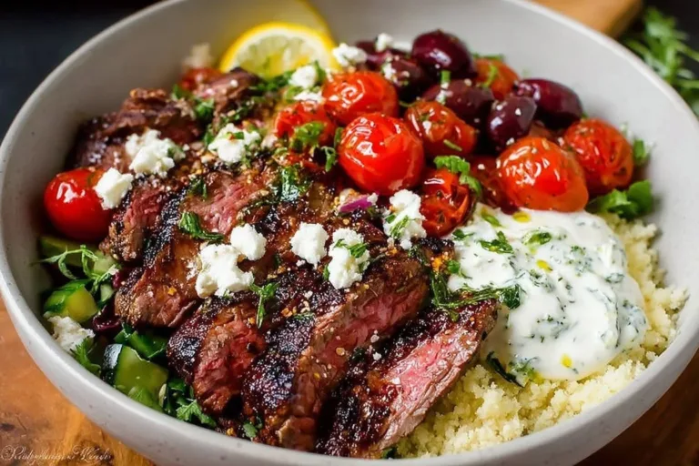 Mediterranean steak bowls with fresh ingredients and vibrant colors