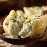 Million Dollar Chicken Alfredo Stuffed Shells topped with creamy sauce