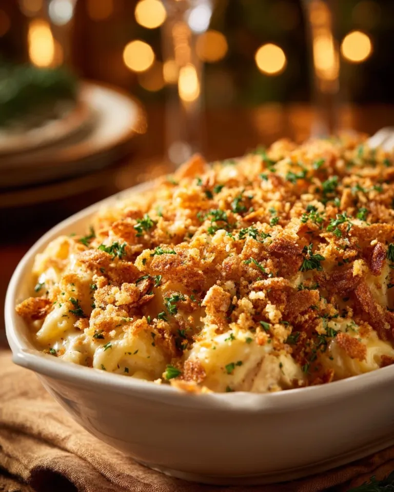 Baked Million Dollar Chicken Casserole topped with cheese and herbs in a baking dish