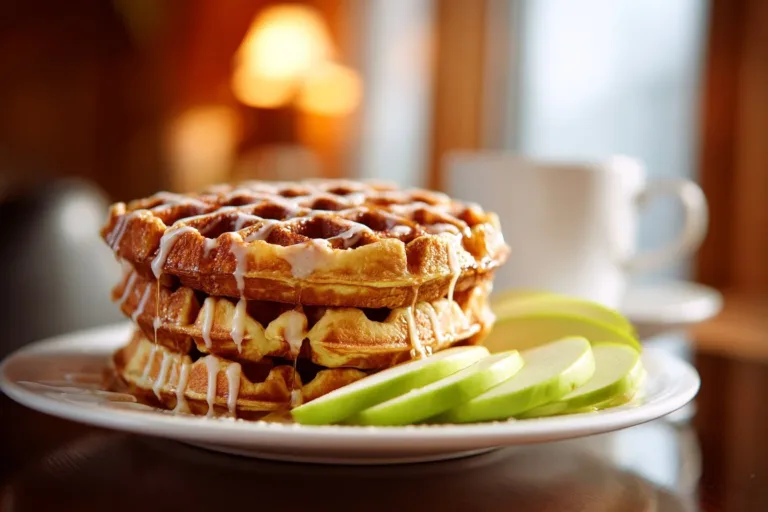 Mini Apple Fritter Waffle Donuts drizzled with glaze on a plate