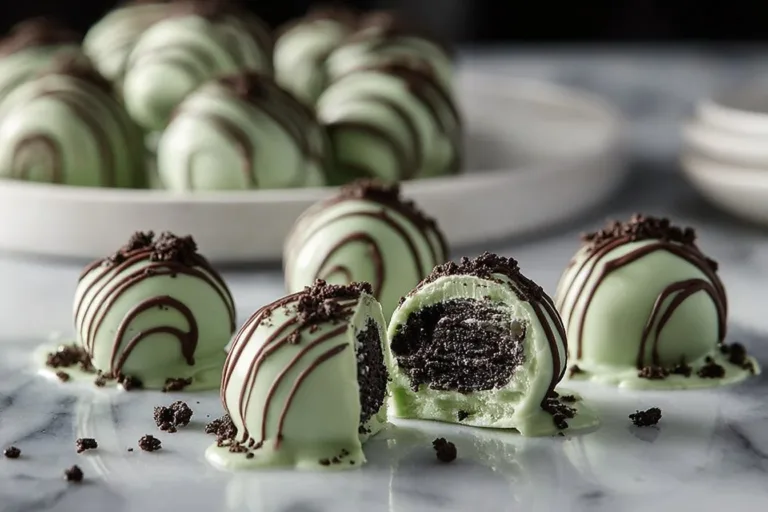 Delicious Mint Oreo Truffles on a plate, garnished with mint leaves.