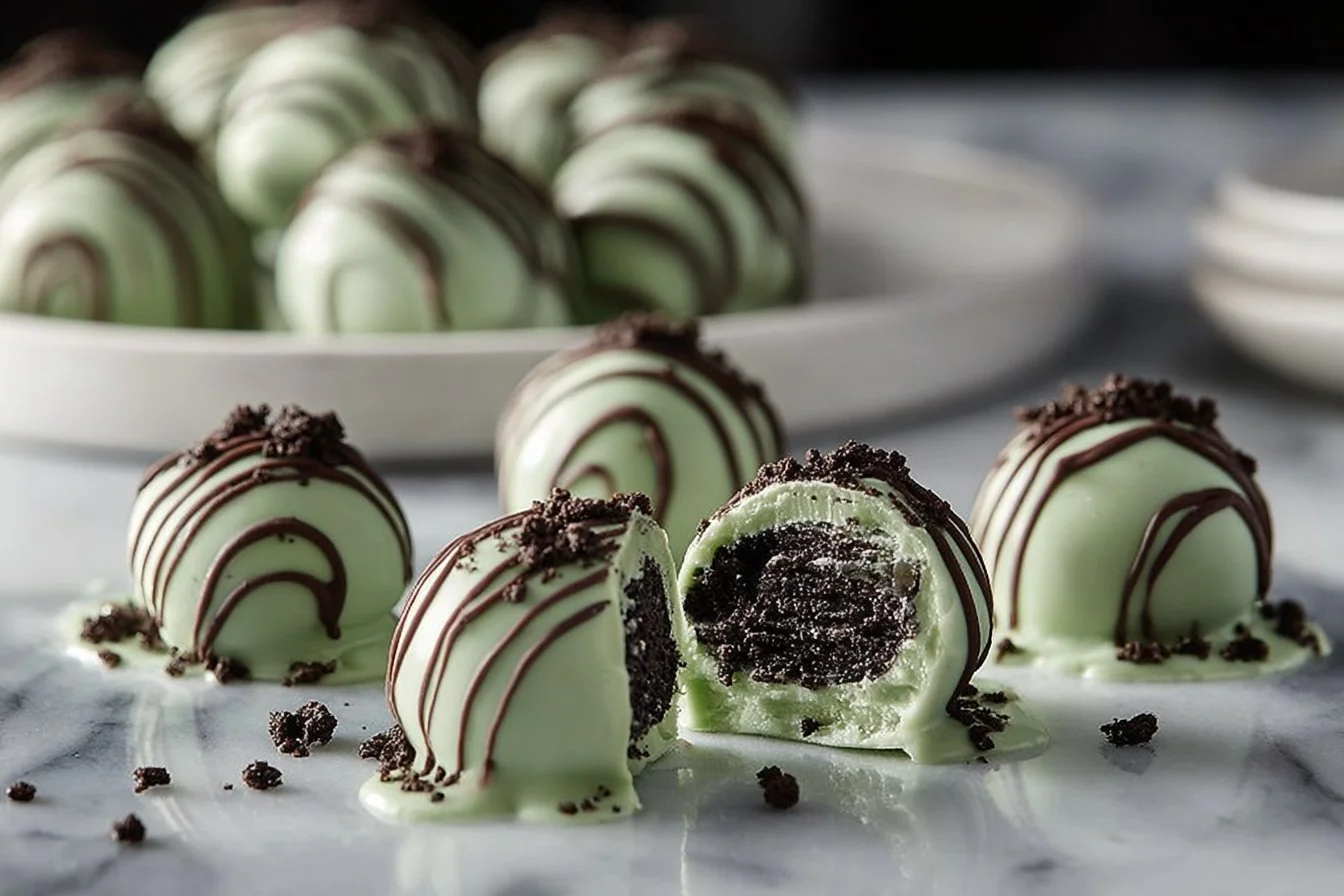 Delicious Mint Oreo Truffles on a plate, garnished with mint leaves.