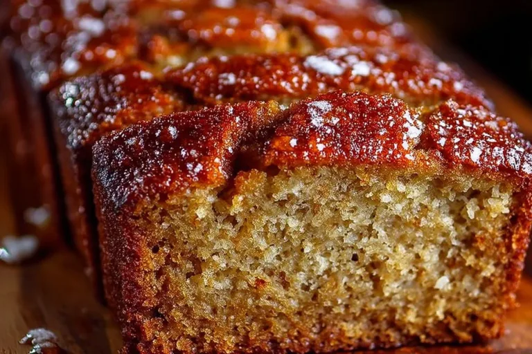 Moist banana bread sliced on a wooden board with bananas in the background.