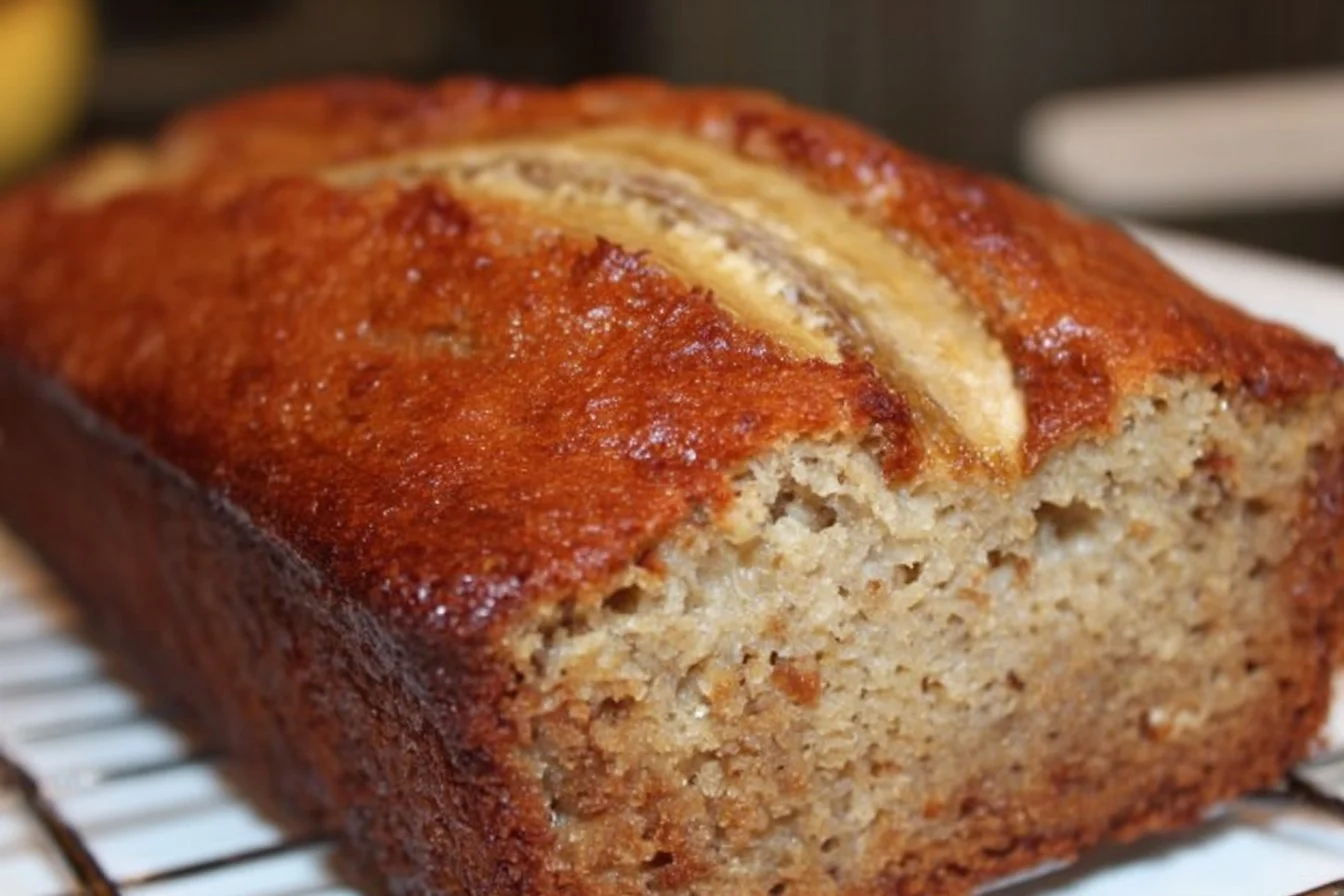 Deliciously moist banana bread slice on a wooden table