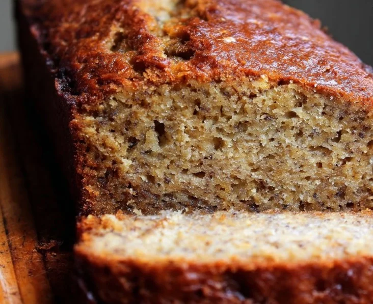 Moist banana bread loaf, fresh out of the oven, sliced and ready to enjoy.