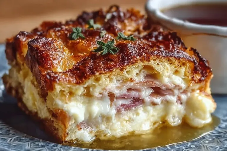Monte Cristo Breakfast Casserole with layered ham, cheese, and French toast
