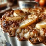 Delicious bowl of oatmeal apple breakfast bake topped with fresh apples and spices.