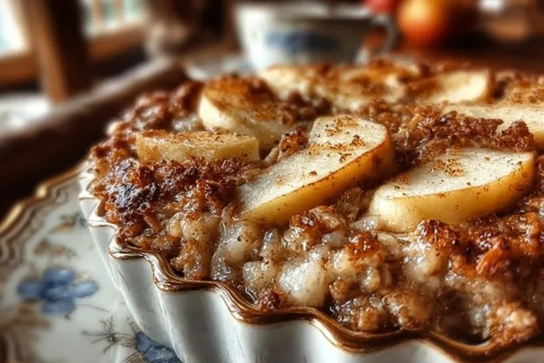 Delicious bowl of oatmeal apple breakfast bake topped with fresh apples and spices.
