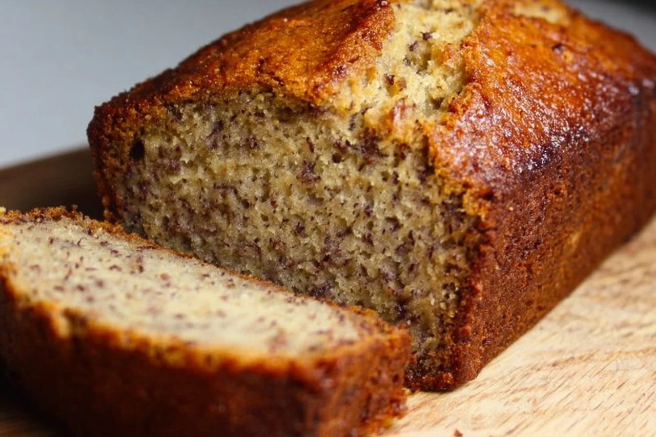 Slice of One Bowl Banana Bread on a wooden plate with banana slices