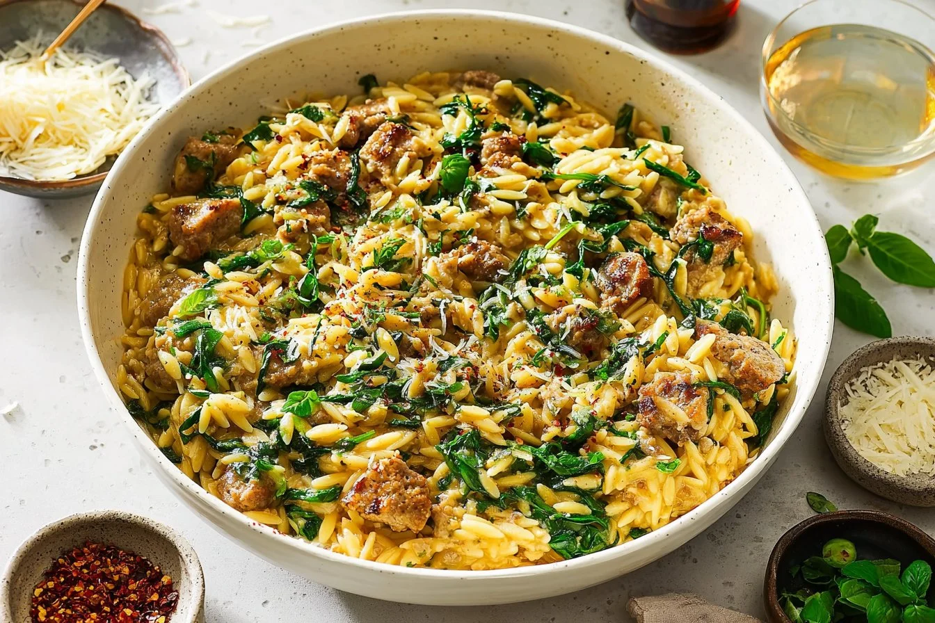 One Pan Chicken Sausage and Orzo dish served with fresh vegetables