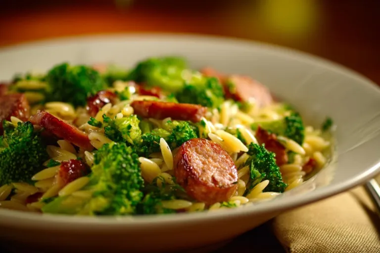 One-Pan Creamy Orzo with Chicken Sausage dish beautifully plated