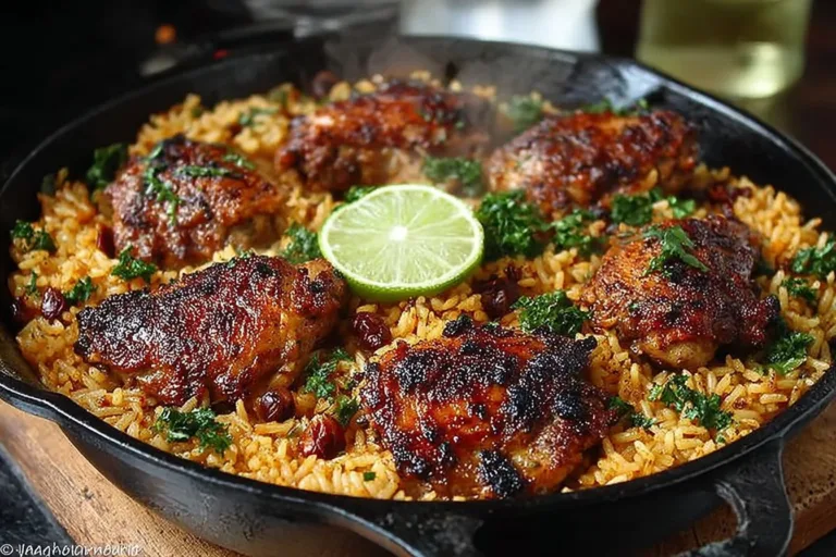 One pot Caribbean jerk chicken and rice dish, featuring vibrant spices and flavors
