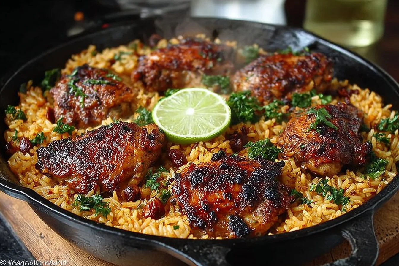 One pot Caribbean jerk chicken and rice dish, featuring vibrant spices and flavors