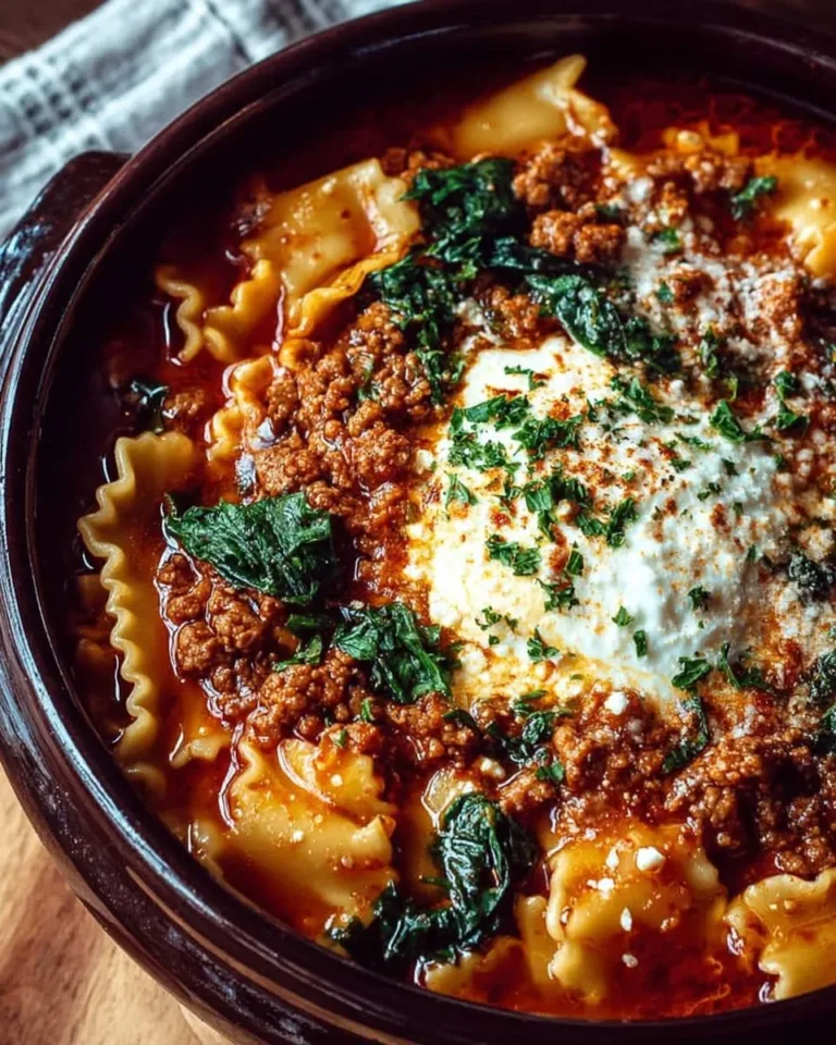 One Pot Lasagna Soup garnished with herbs in a bowl