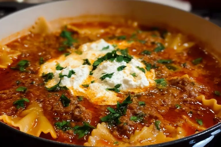 Delicious one-pot lasagna soup served in a bowl with fresh herbs