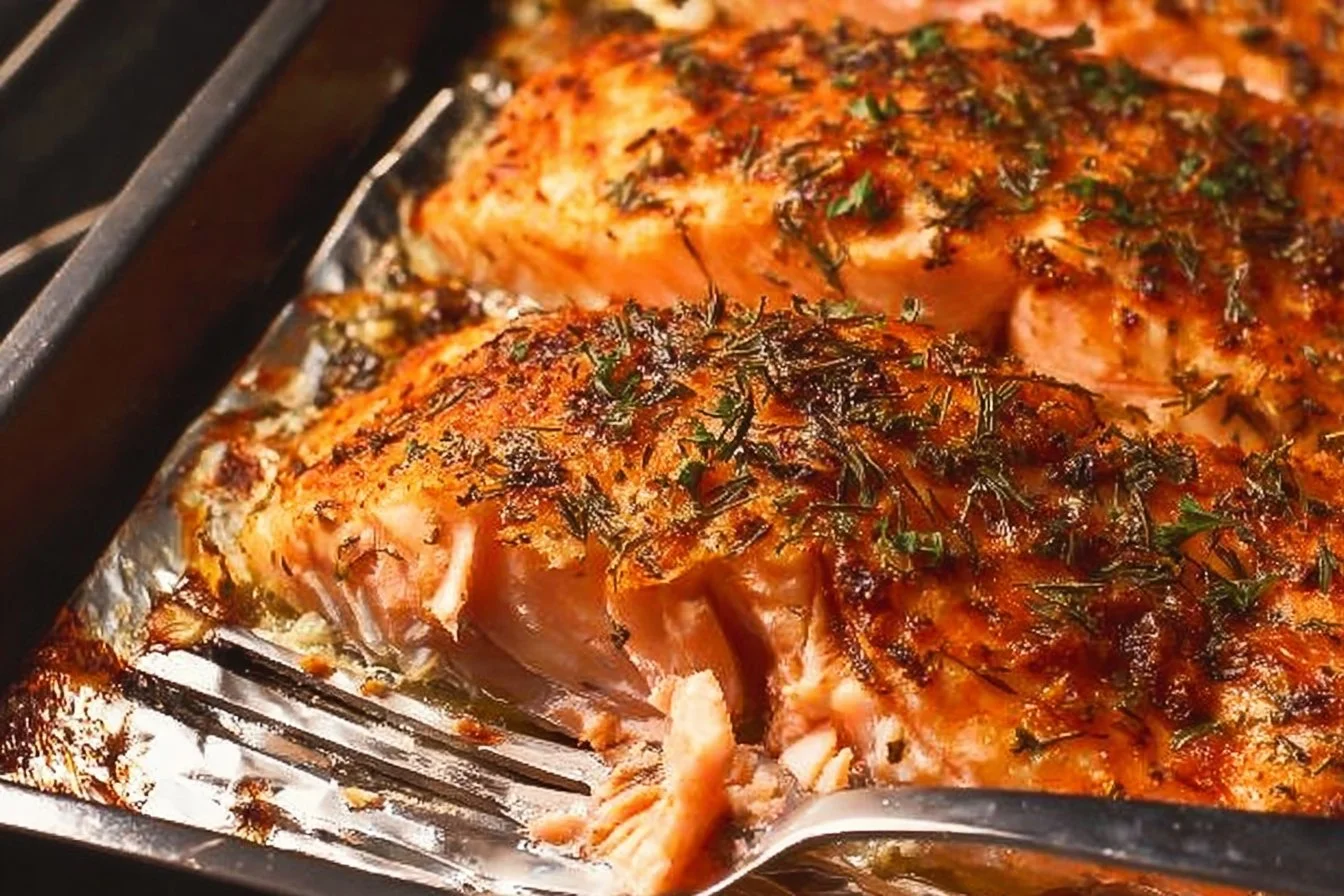 Deliciously seasoned oven baked salmon fillet garnished with herbs
