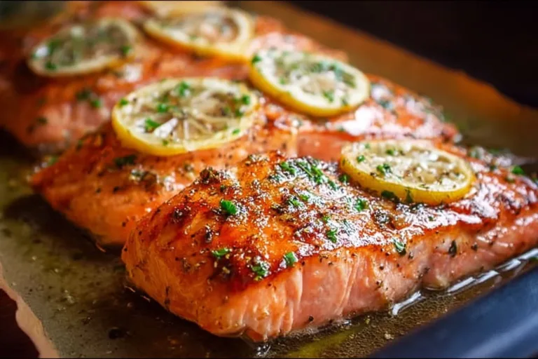 Oven roasted salmon with herbs and lemon served on a plate