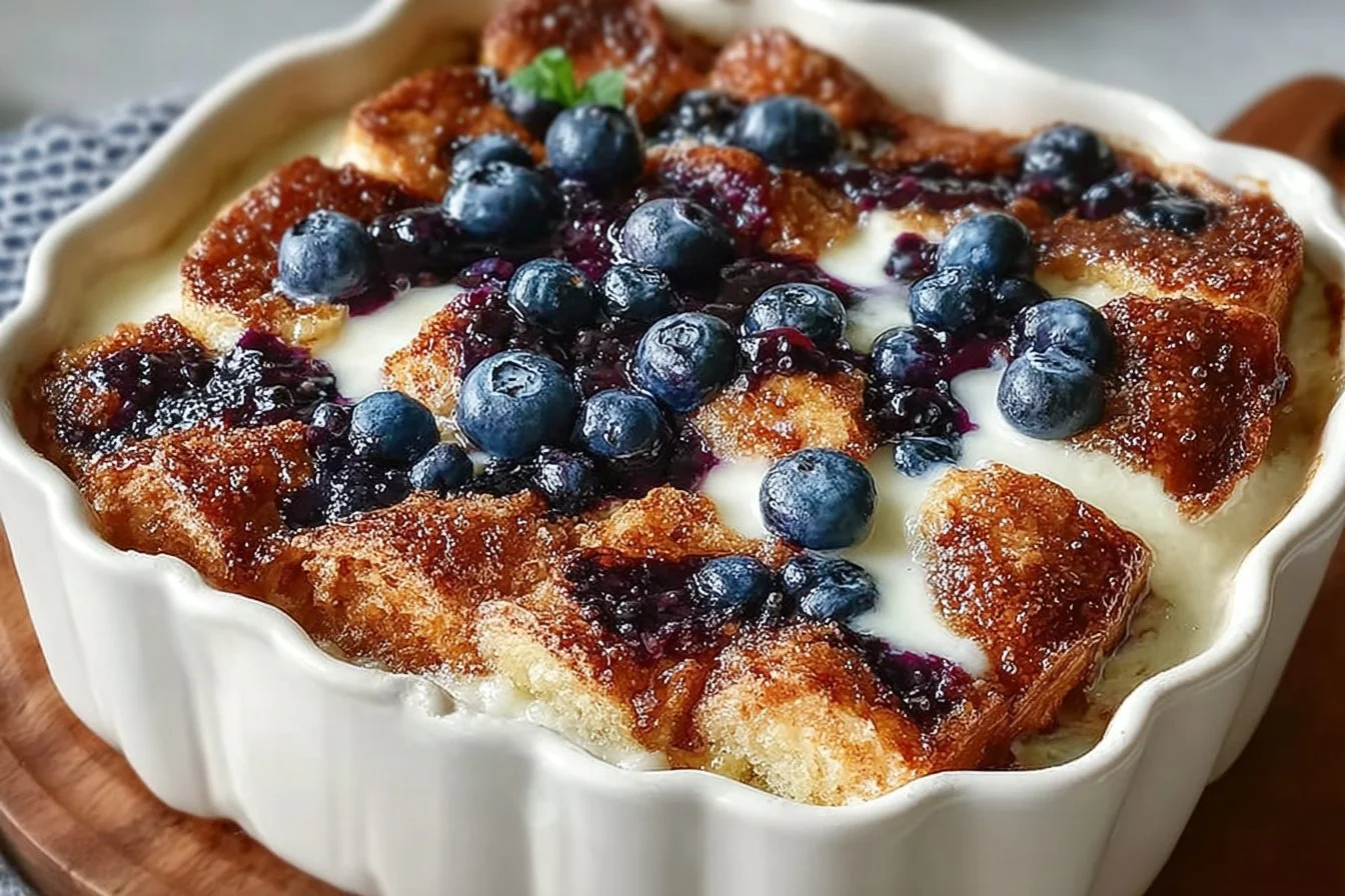 Overnight Blueberry French Toast Casserole topped with fresh blueberries and syrup