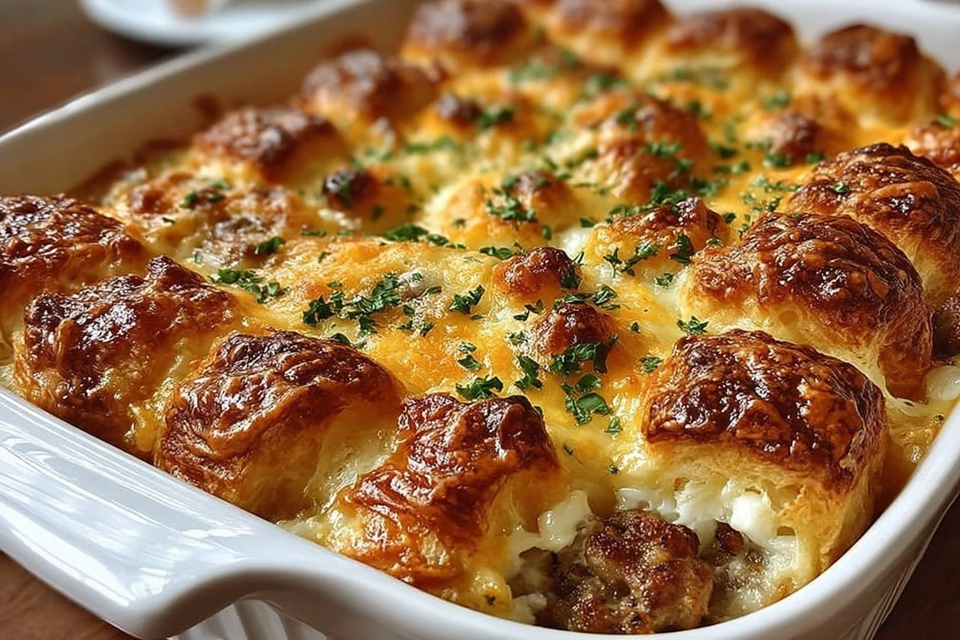 Delicious overnight croissant casserole dish served with berries and syrup.
