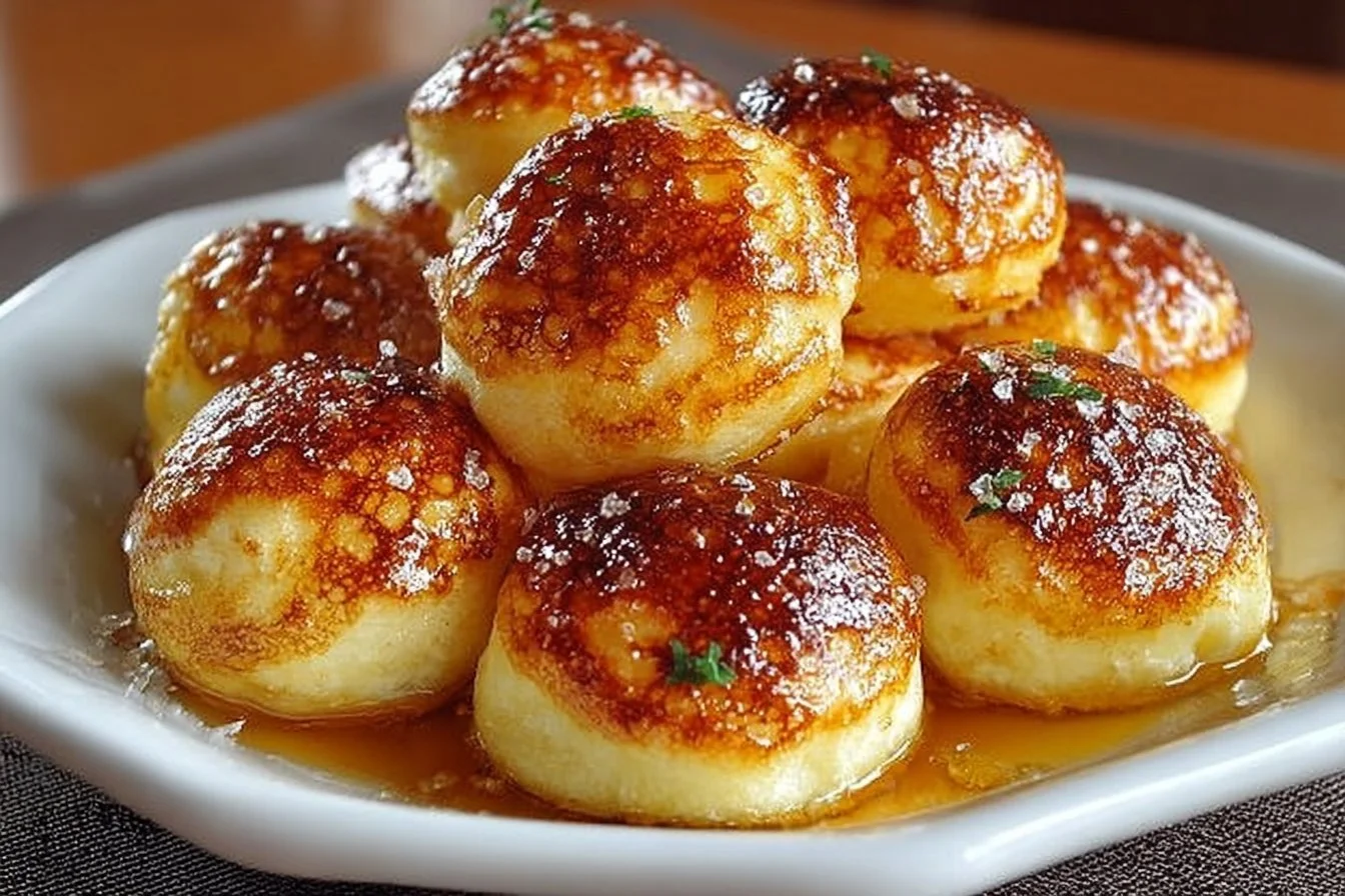 Delicious pancake poppers served on a plate with syrup and berries
