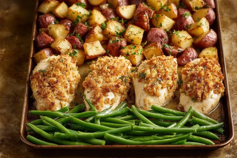 Parmesan Crusted Chicken on a sheet pan, garnished with herbs and vegetables.
