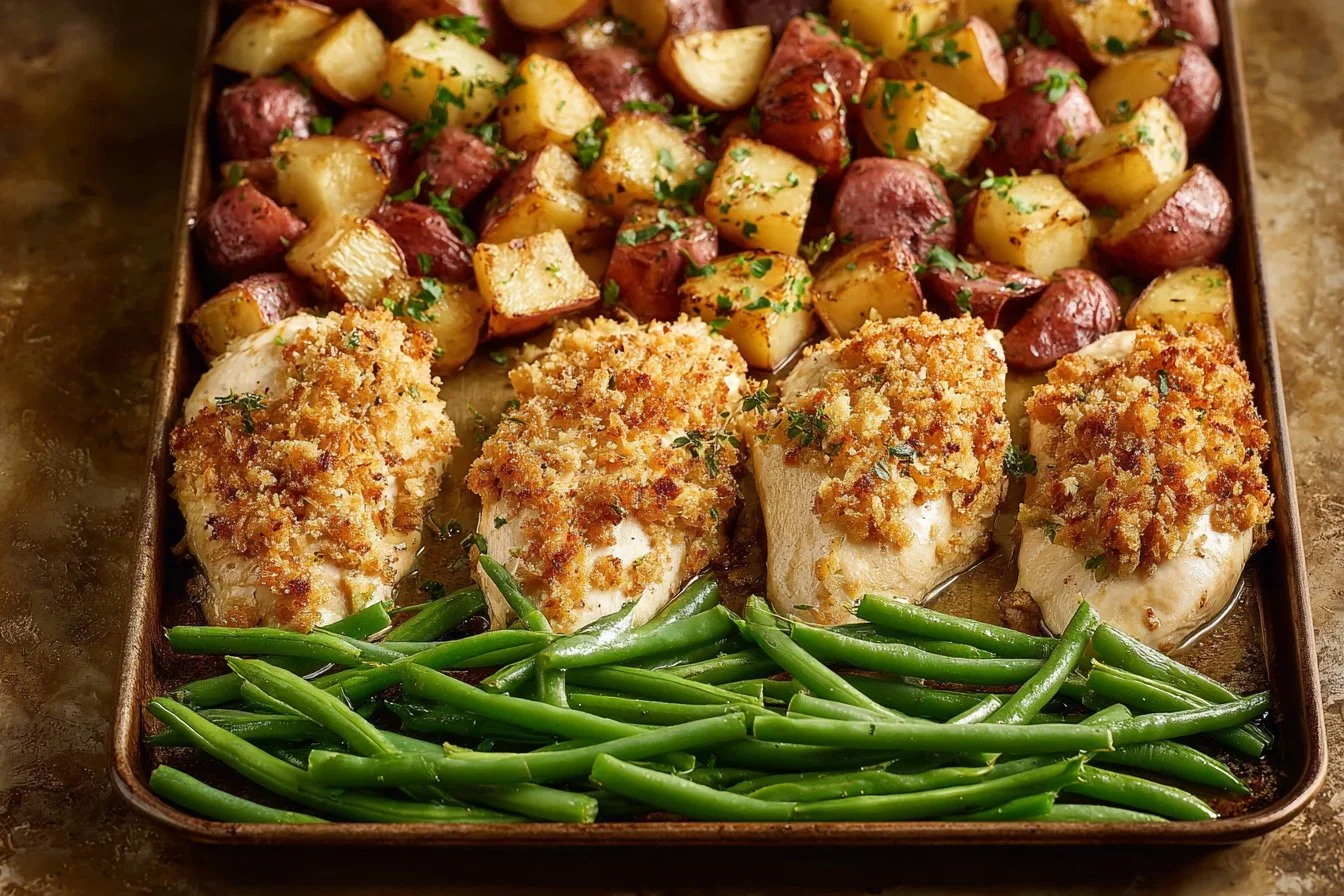 Parmesan Crusted Chicken on a sheet pan, garnished with herbs and vegetables.