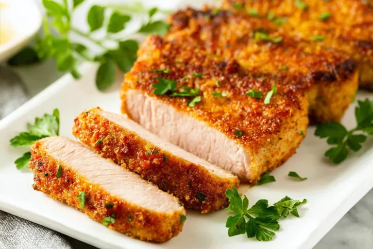 Parmesan Crusted Pork Chops served with vegetables on a plate