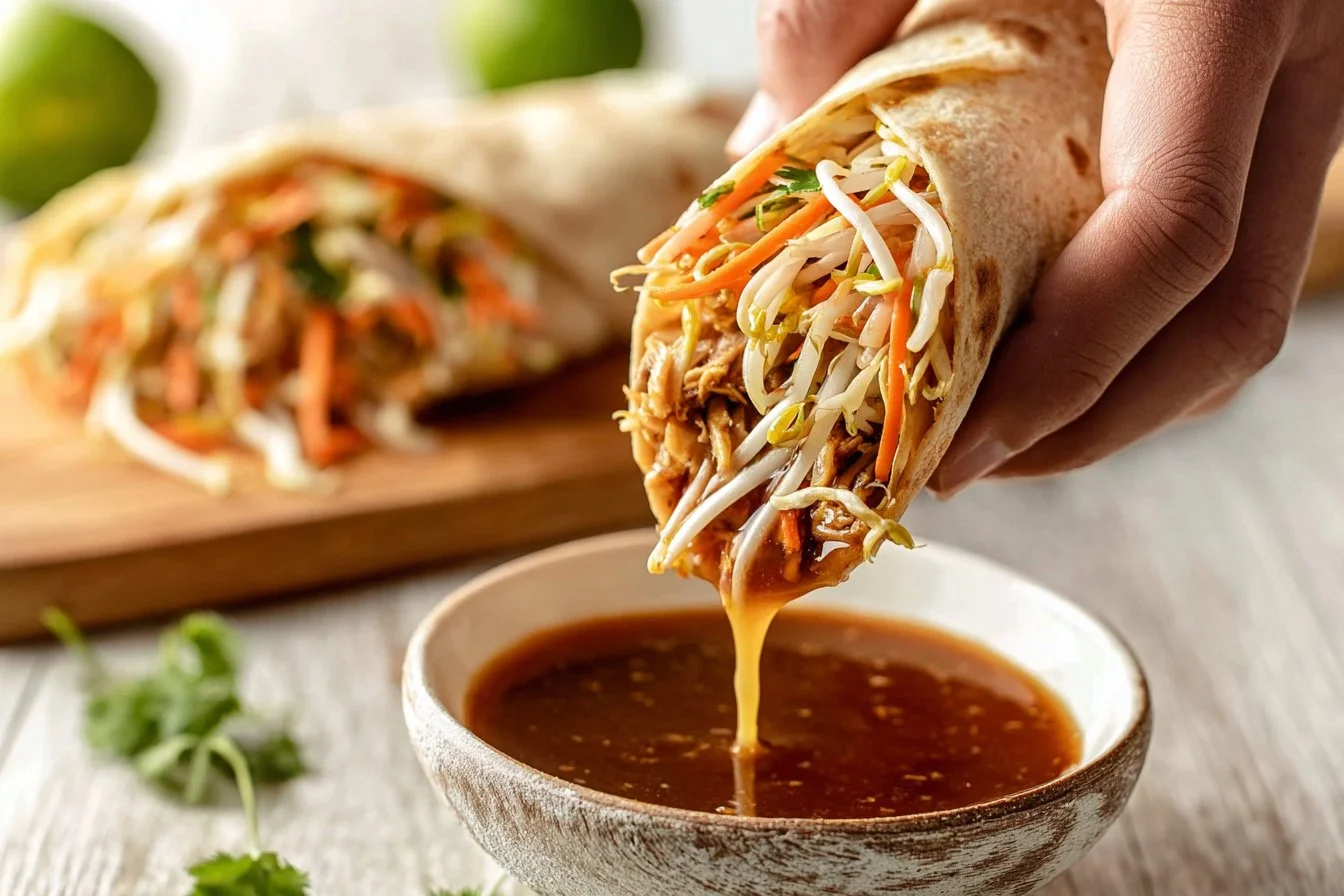 Peanut chicken wraps filled with fresh vegetables and savory peanut sauce