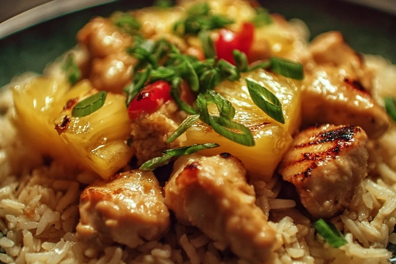 Pineapple chicken served with rice on a plate, garnished with fresh herbs.
