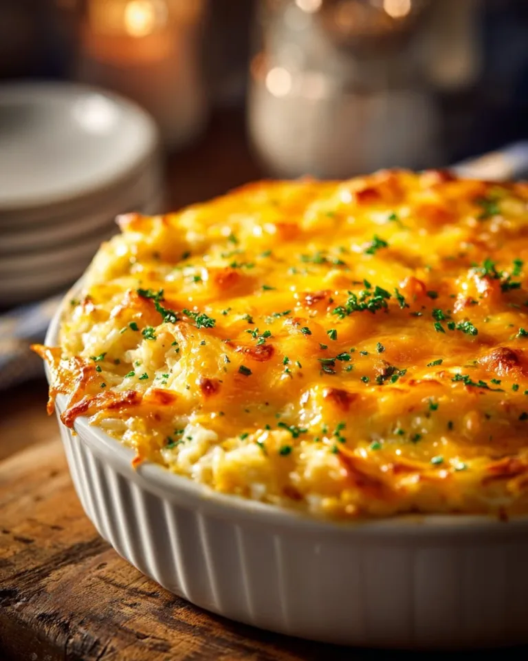 Pioneer Woman's chicken rice casserole in a baking dish, ready to serve.