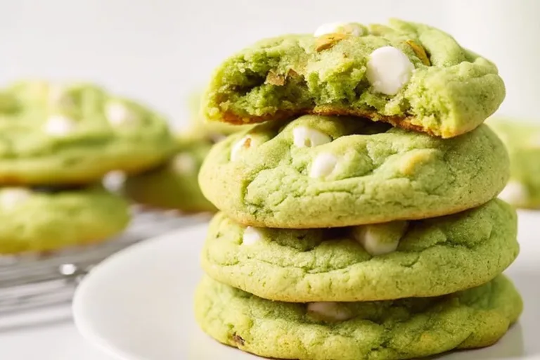Soft and chewy pistachio pudding cookies on a baking tray.