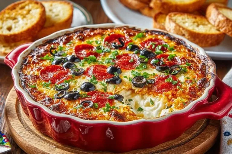 Delicious and cheesy pizza dip served with tortilla chips