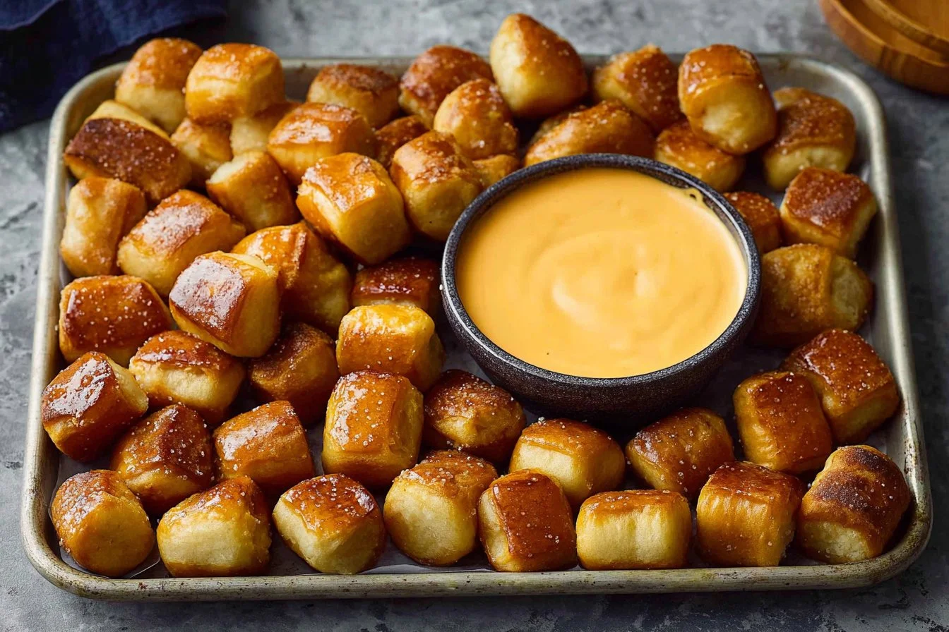 Delicious pretzel bites with creamy cheese sauce for dipping