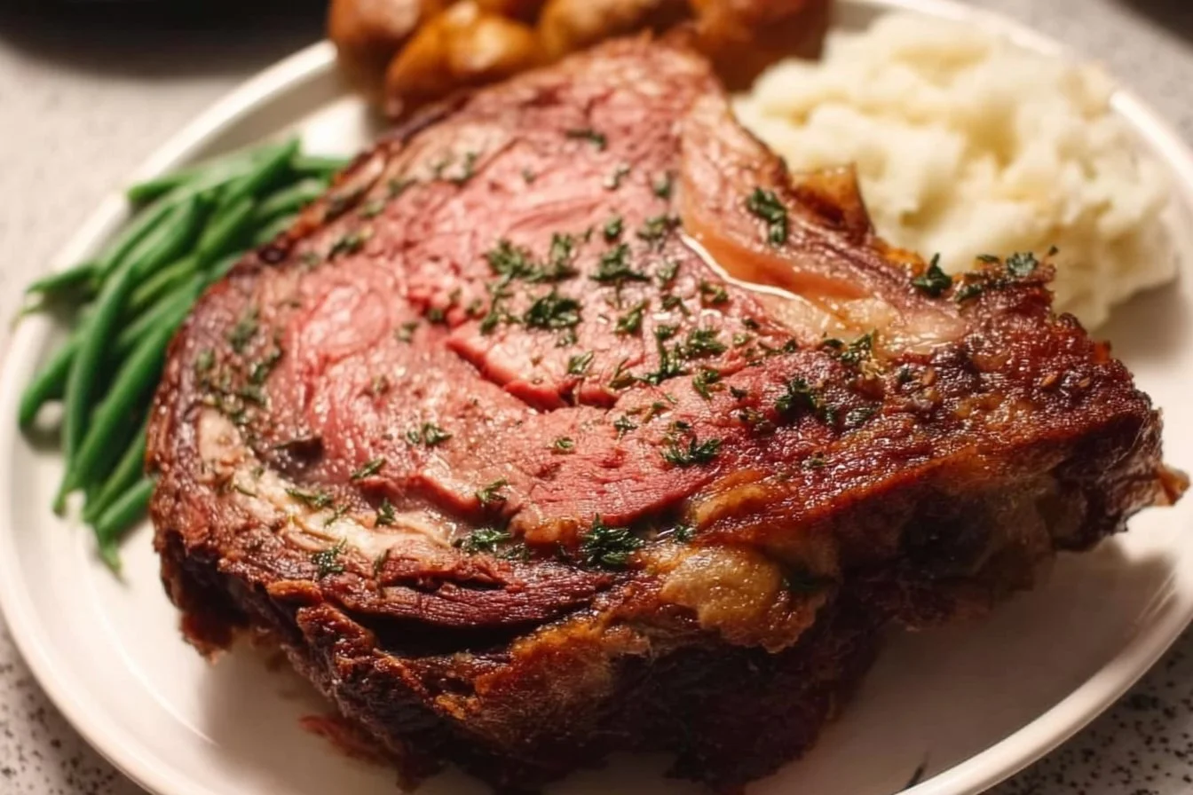 Delicious prime rib roast served with herbs and vegetables