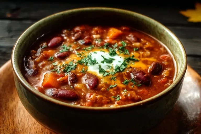 A bowl of delicious pumpkin chili topped with fresh herbs.