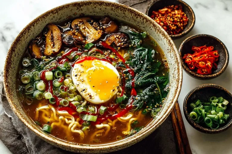 Bowl of quick homemade ramen topped with green onions and eggs