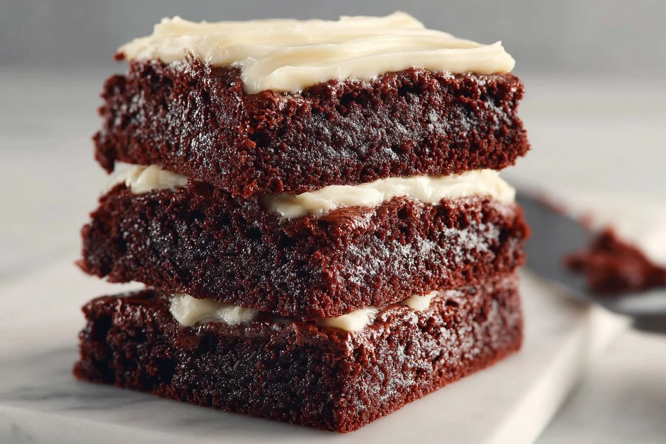 Delicious red velvet brownies with cream cheese frosting on a plate