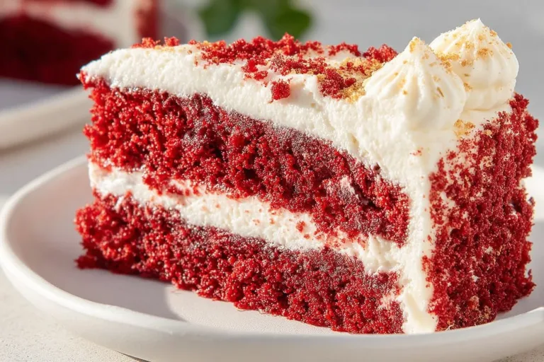 Delicious homemade Red Velvet Cake topped with cream cheese frosting.