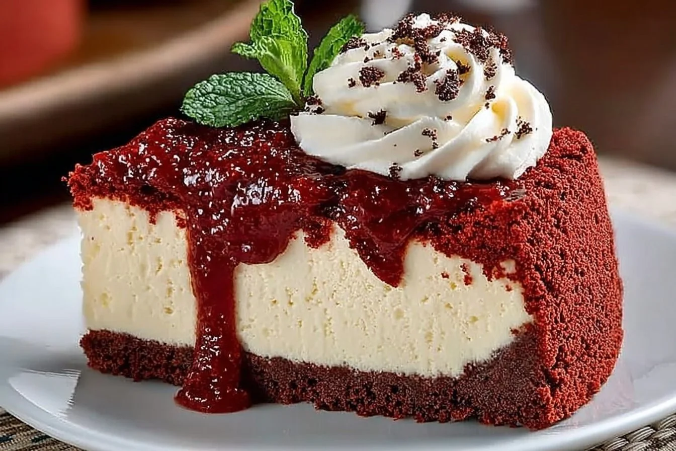 Delicious Red Velvet Cheesecake slice on a white plate