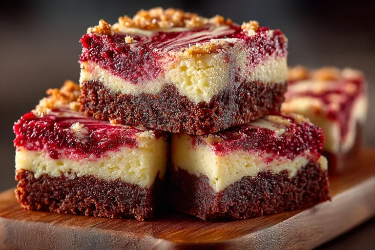 Delicious red velvet cheesecake brownies with cream cheese swirls.