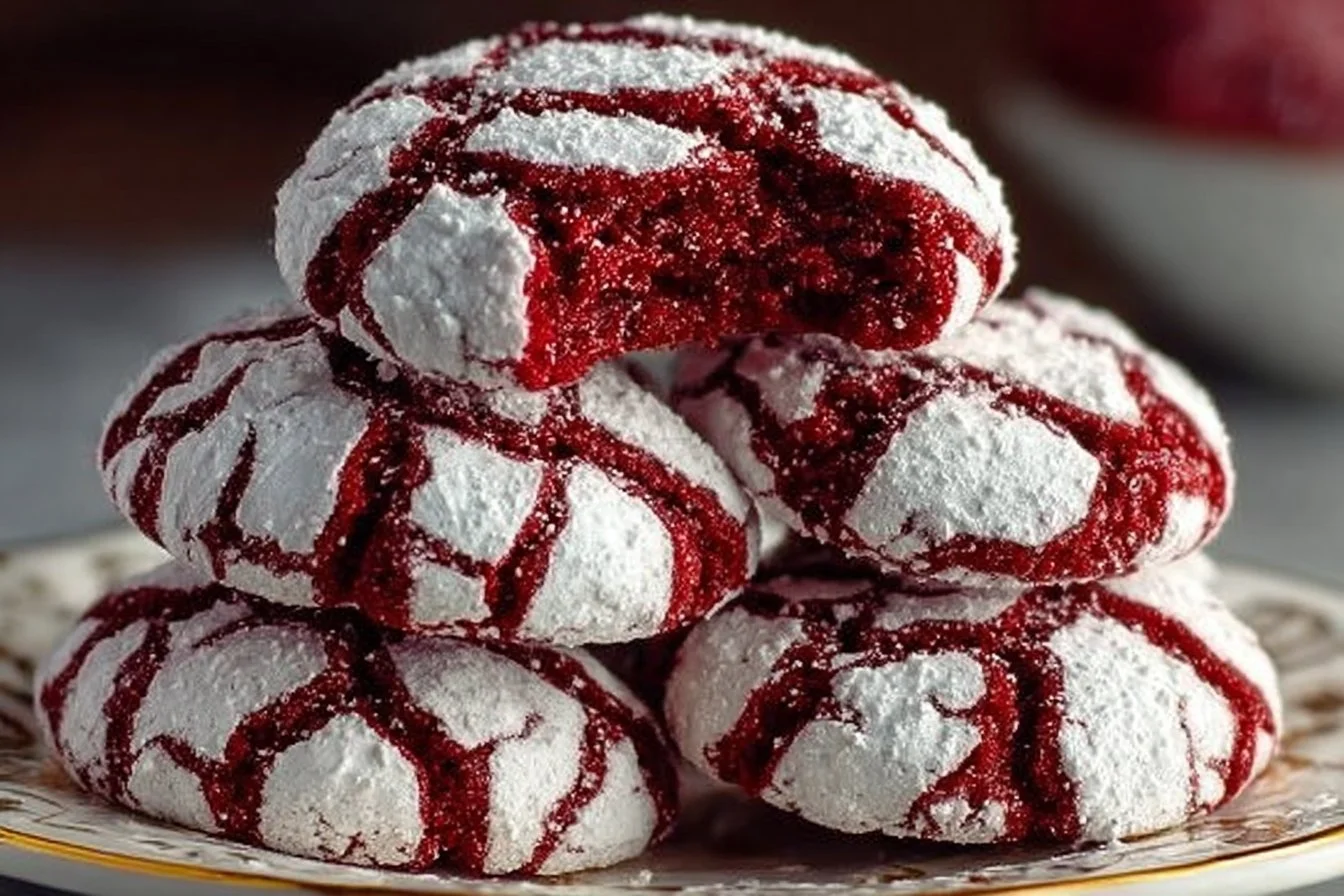 Freshly baked Red Velvet Crinkle Cookies on a cooling rack