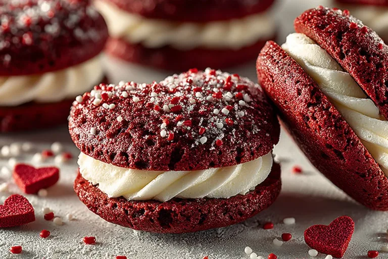 Delicious Red Velvet Whoopie Pies with cream filling on a white plate