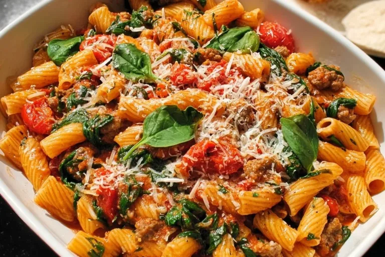 Delicious sausage spinach tomato pasta served in a bowl